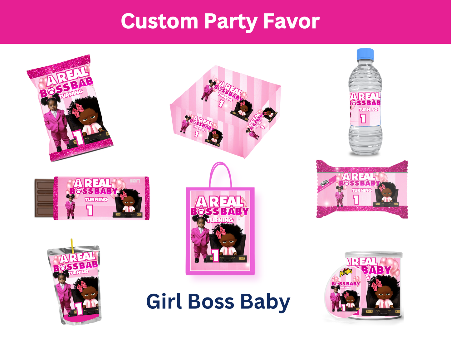 Boss Baby Girl Party Favors Bundle - Digital Canva File - Digital Download Only